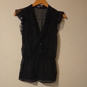 Guess Black Sheer Sleeveless Ruffled Blouse
